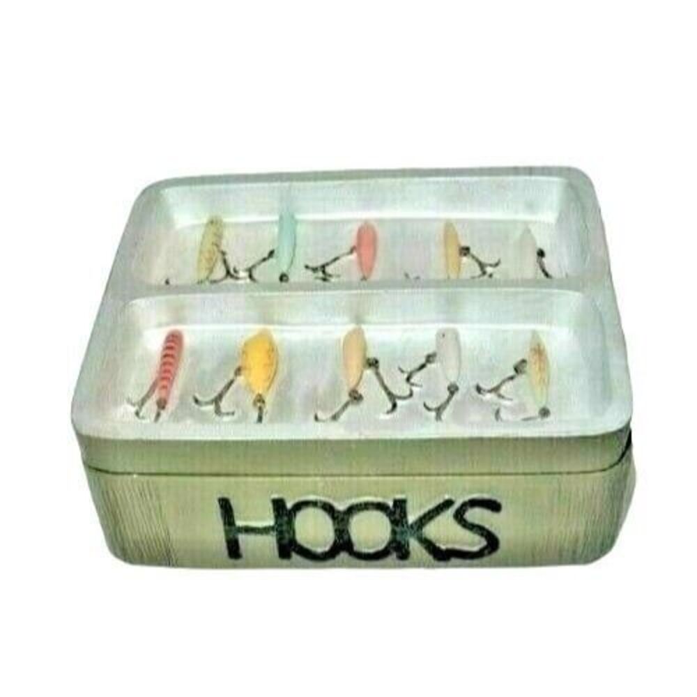 Dezine Porcelain Fishing Trinket Box Hand Painted Lures Hooks Fish Playing Cards